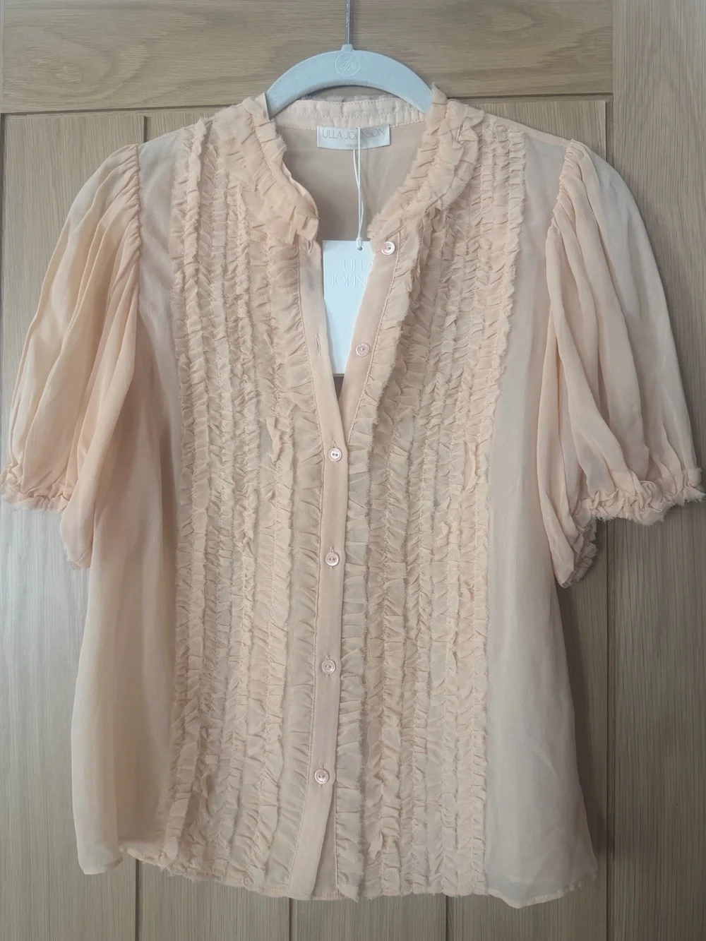 Ulla Johnson Adira Peach Ruffle Front Short Sleeve Silk Blouse NWT